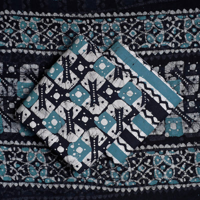 Blue - 3pc Cotton Kutch Batik Print Dress Material Set