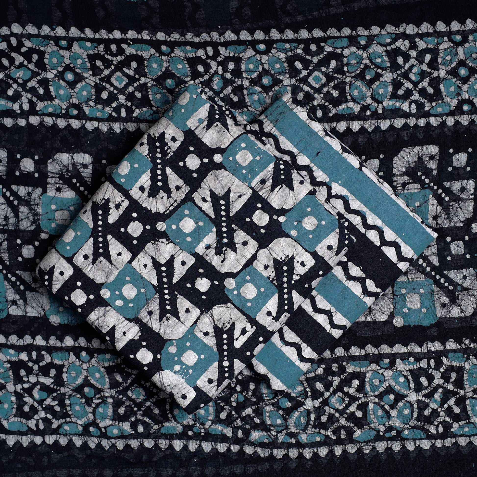 Blue - 3pc Cotton Kutch Batik Print Dress Material Set