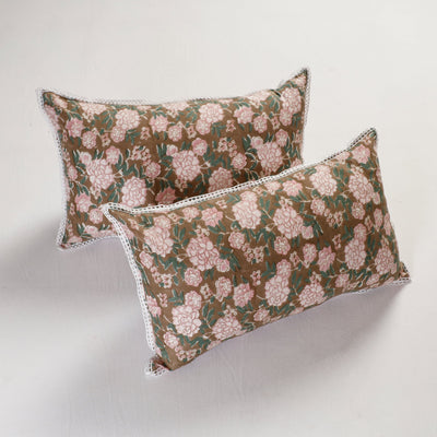 Brown - Sanganeri Block Printed Cotton Pillow Cover With Lace (26 x 16 in) - Set of 2