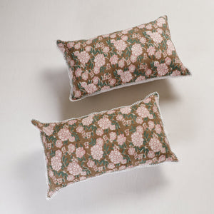 Brown - Sanganeri Block Printed Cotton Pillow Cover With Lace (26 x 16 in) - Set of 2