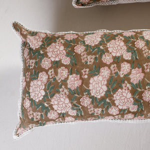 Brown - Sanganeri Block Printed Cotton Pillow Cover With Lace (26 x 16 in) - Set of 2