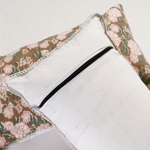 Brown - Sanganeri Block Printed Cotton Pillow Cover With Lace (26 x 16 in) - Set of 2