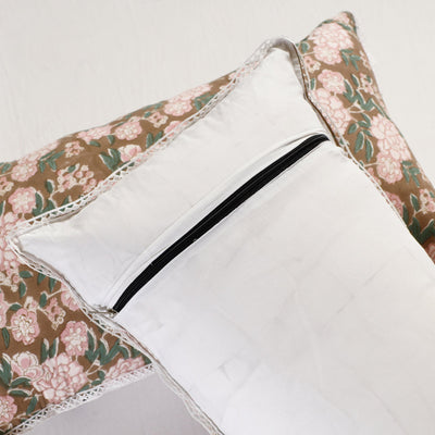 Brown - Sanganeri Block Printed Cotton Pillow Cover With Lace (26 x 16 in) - Set of 2