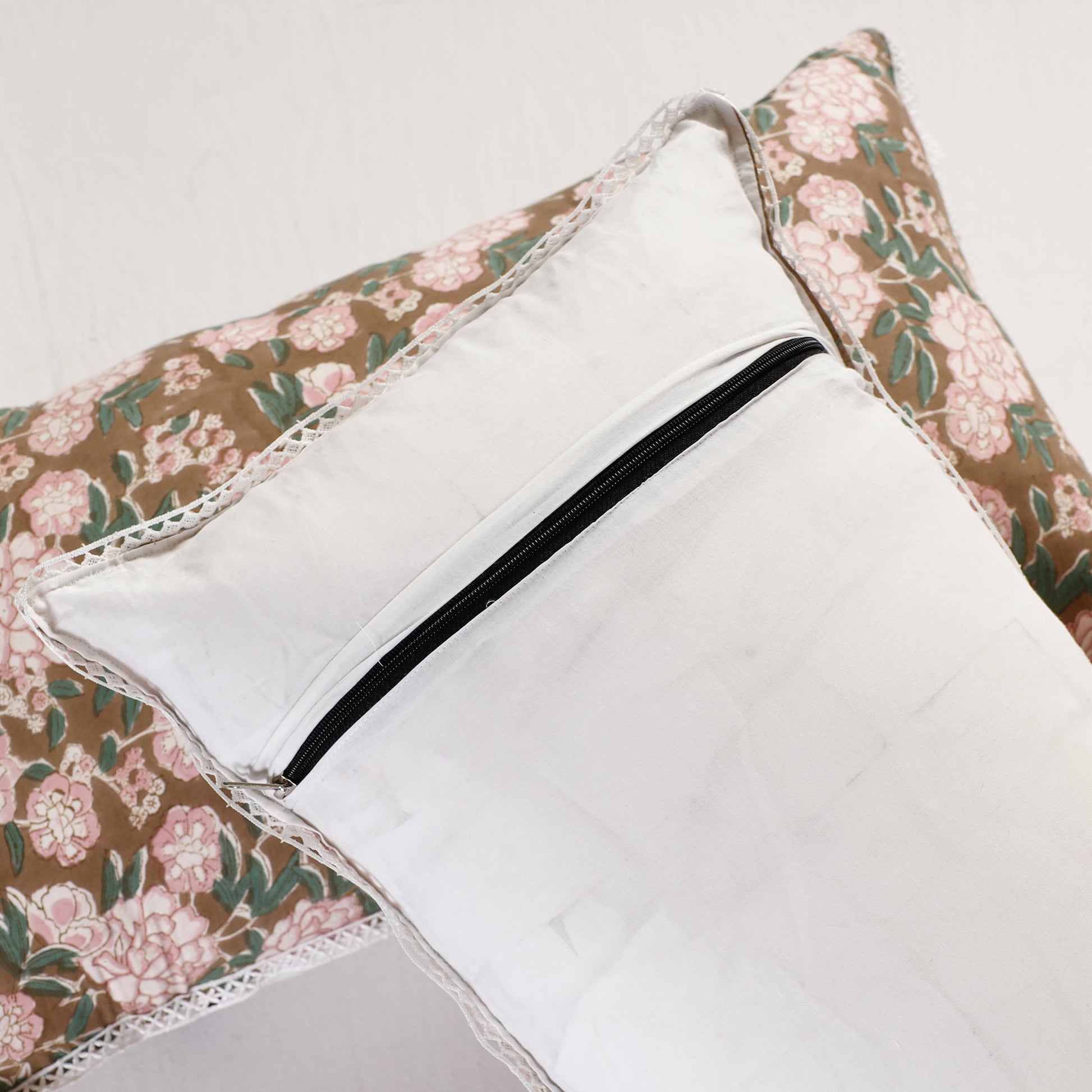 Brown - Sanganeri Block Printed Cotton Pillow Cover With Lace (26 x 16 in) - Set of 2