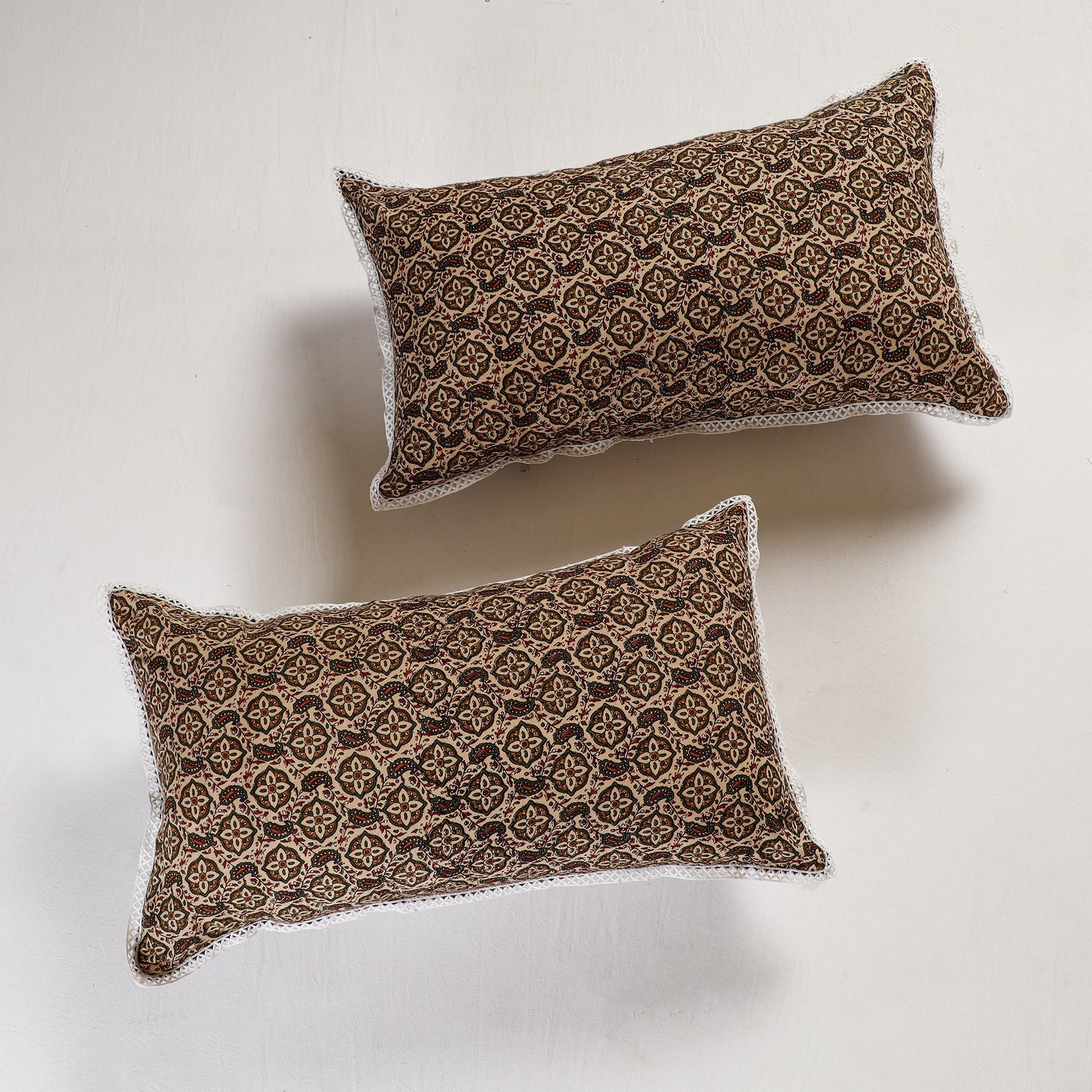 Black - Sanganeri Block Printed Cotton Pillow Cover With Lace (26 x 16 in) - Set of 2