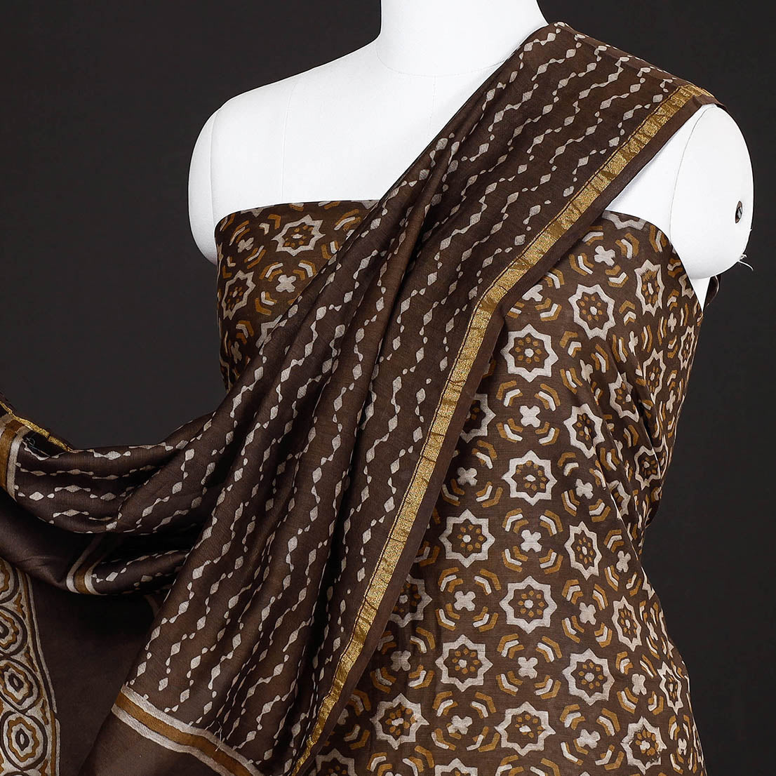 Brown - 3pc Akola Block Printed Chanderi Silk Suit Material Set