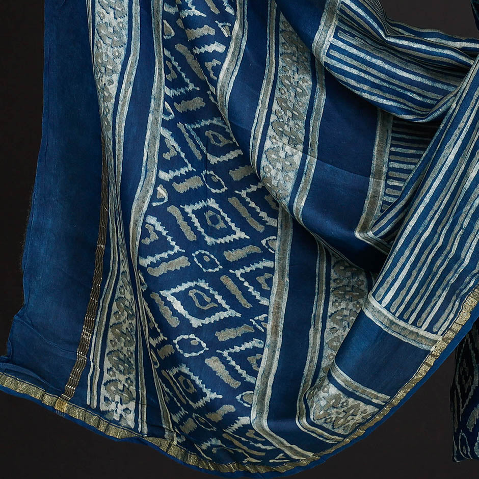 Blue - 3pc Akola Block Printed Chanderi Silk Suit Material Set
