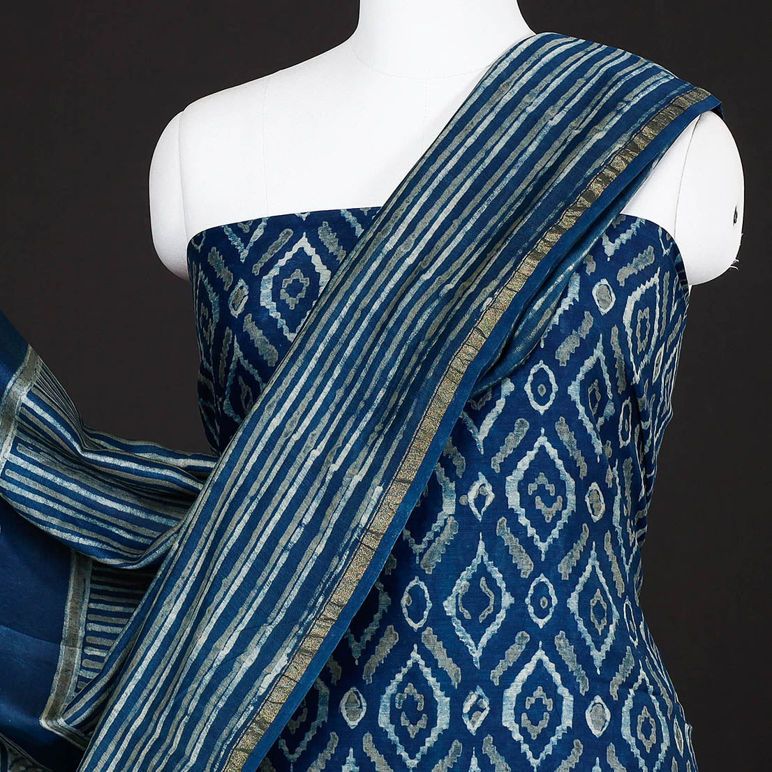 Blue - 3pc Akola Block Printed Chanderi Silk Suit Material Set