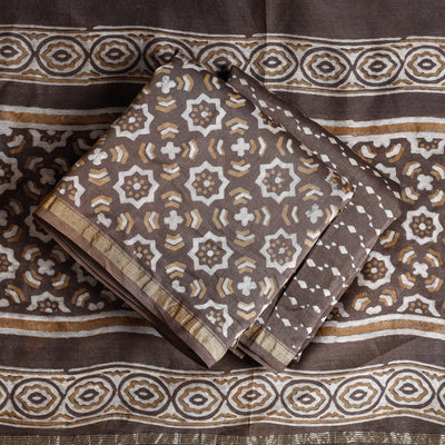Brown - 3pc Akola Block Printed Chanderi Silk Suit Material Set