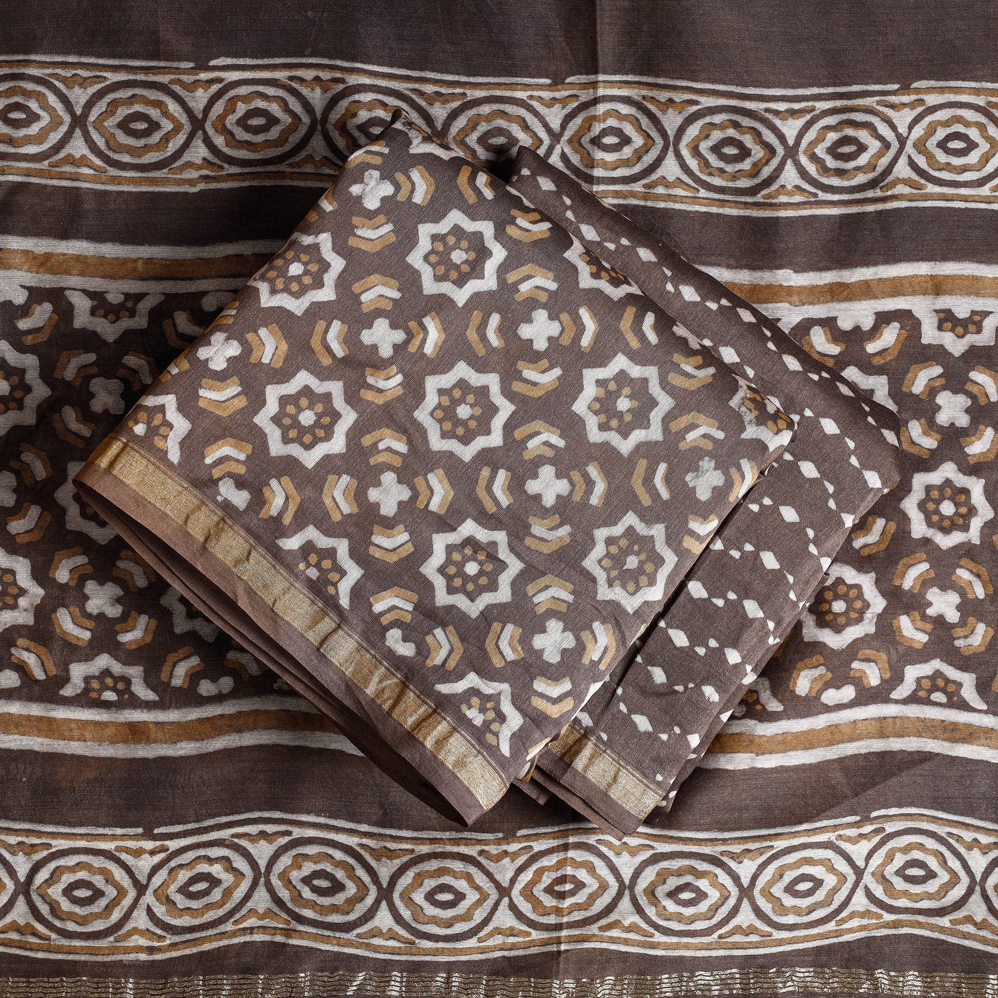 Brown - 3pc Akola Block Printed Chanderi Silk Suit Material Set