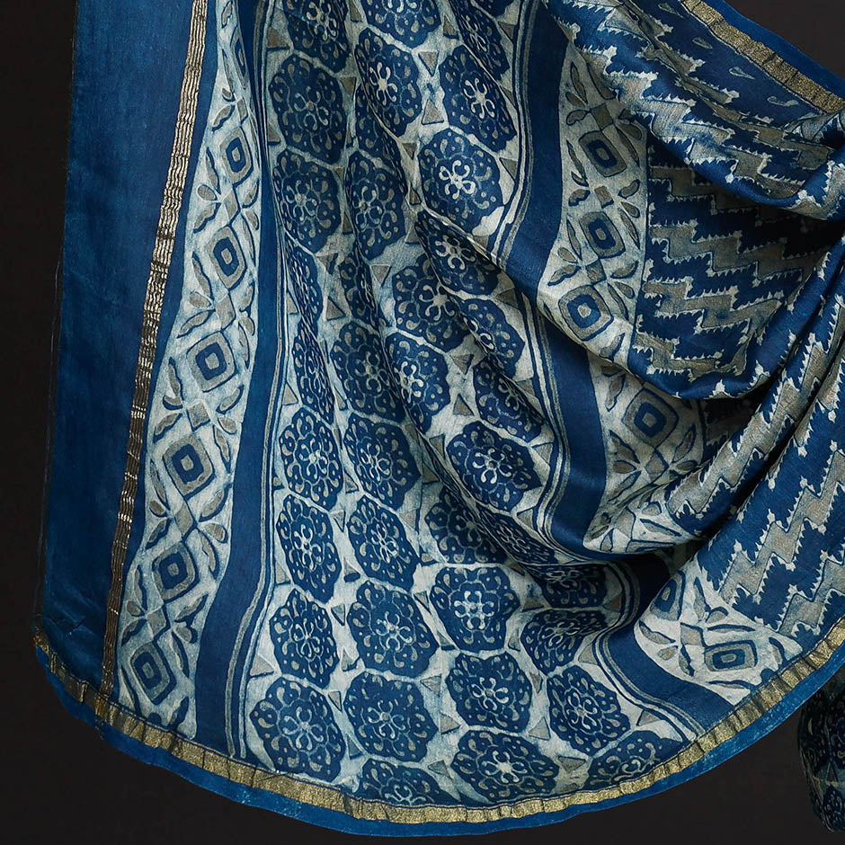 Blue - 3pc Akola Block Printed Chanderi Silk Suit Material Set