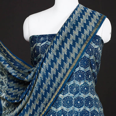 Blue - 3pc Akola Block Printed Chanderi Silk Suit Material Set