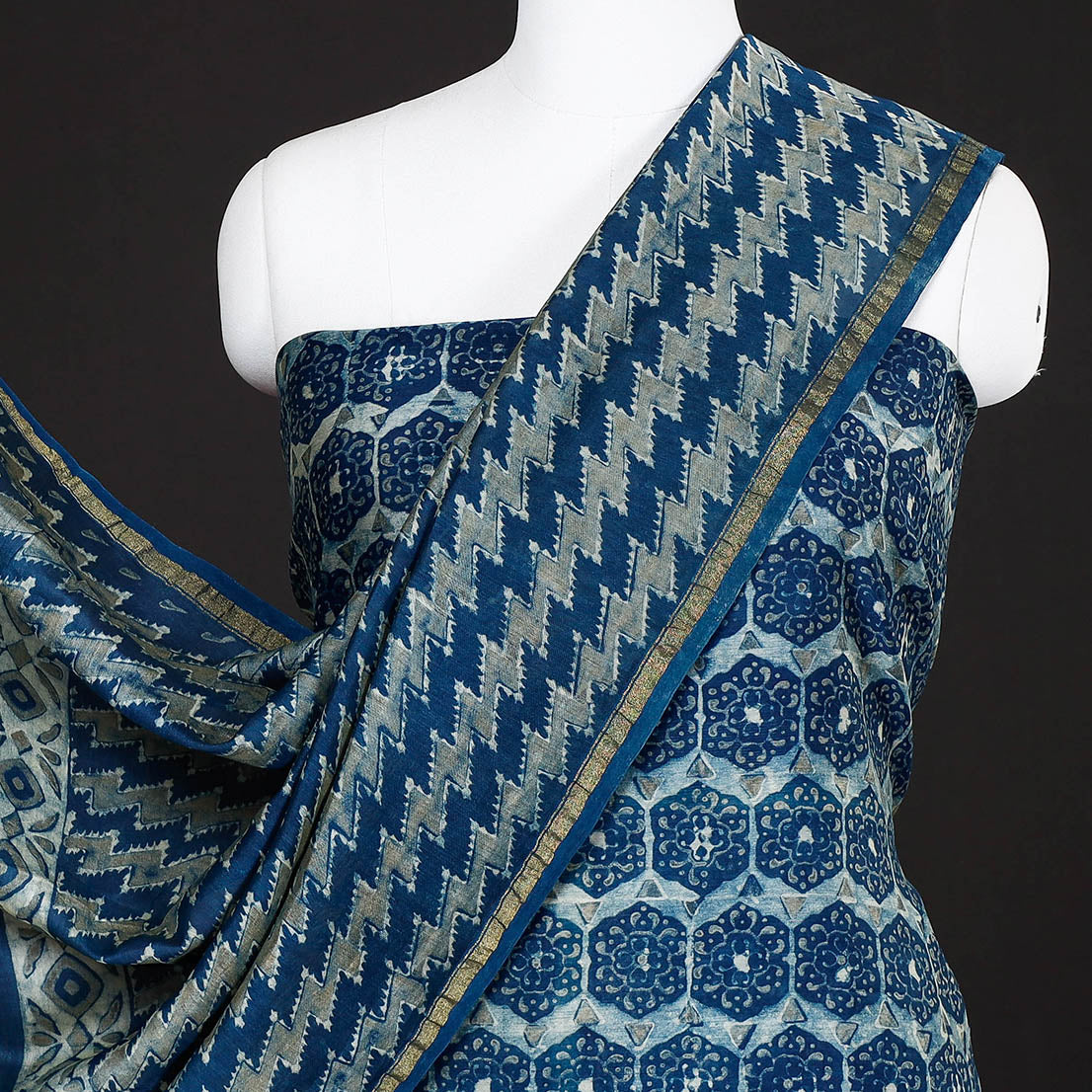 Blue - 3pc Akola Block Printed Chanderi Silk Suit Material Set