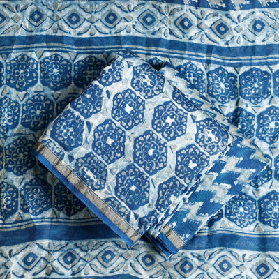 Blue - 3pc Akola Block Printed Chanderi Silk Suit Material Set