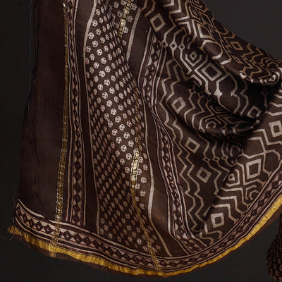 Brown - 3pc Akola Block Printed Chanderi Silk Suit Material Set