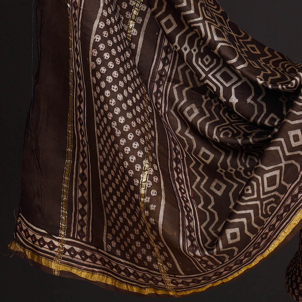 Brown - 3pc Akola Block Printed Chanderi Silk Suit Material Set