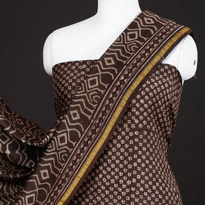 Brown - 3pc Akola Block Printed Chanderi Silk Suit Material Set