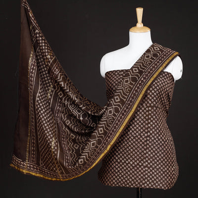 Brown - 3pc Akola Block Printed Chanderi Silk Suit Material Set