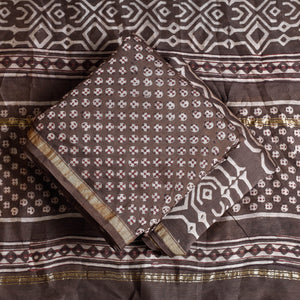 Brown - 3pc Akola Block Printed Chanderi Silk Suit Material Set