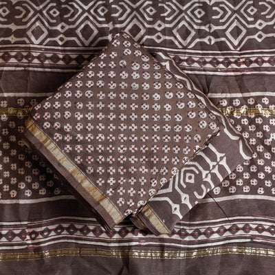 Brown - 3pc Akola Block Printed Chanderi Silk Suit Material Set