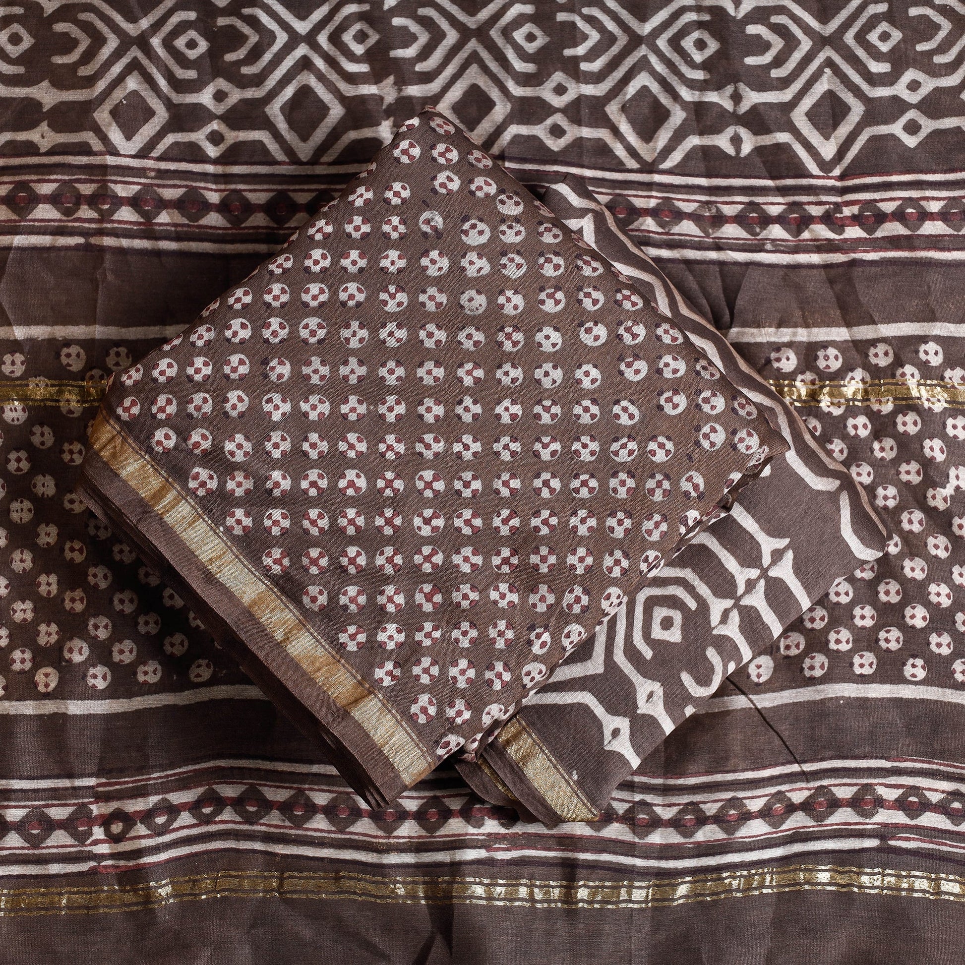 Brown - 3pc Akola Block Printed Chanderi Silk Suit Material Set