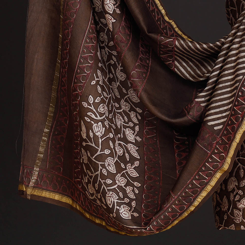 Brown - 3pc Akola Block Printed Chanderi Silk Suit Material Set