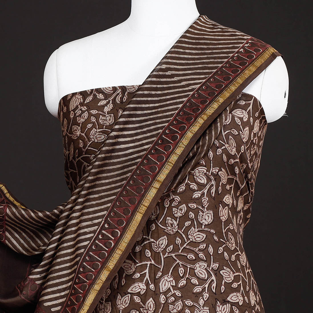 Brown - 3pc Akola Block Printed Chanderi Silk Suit Material Set