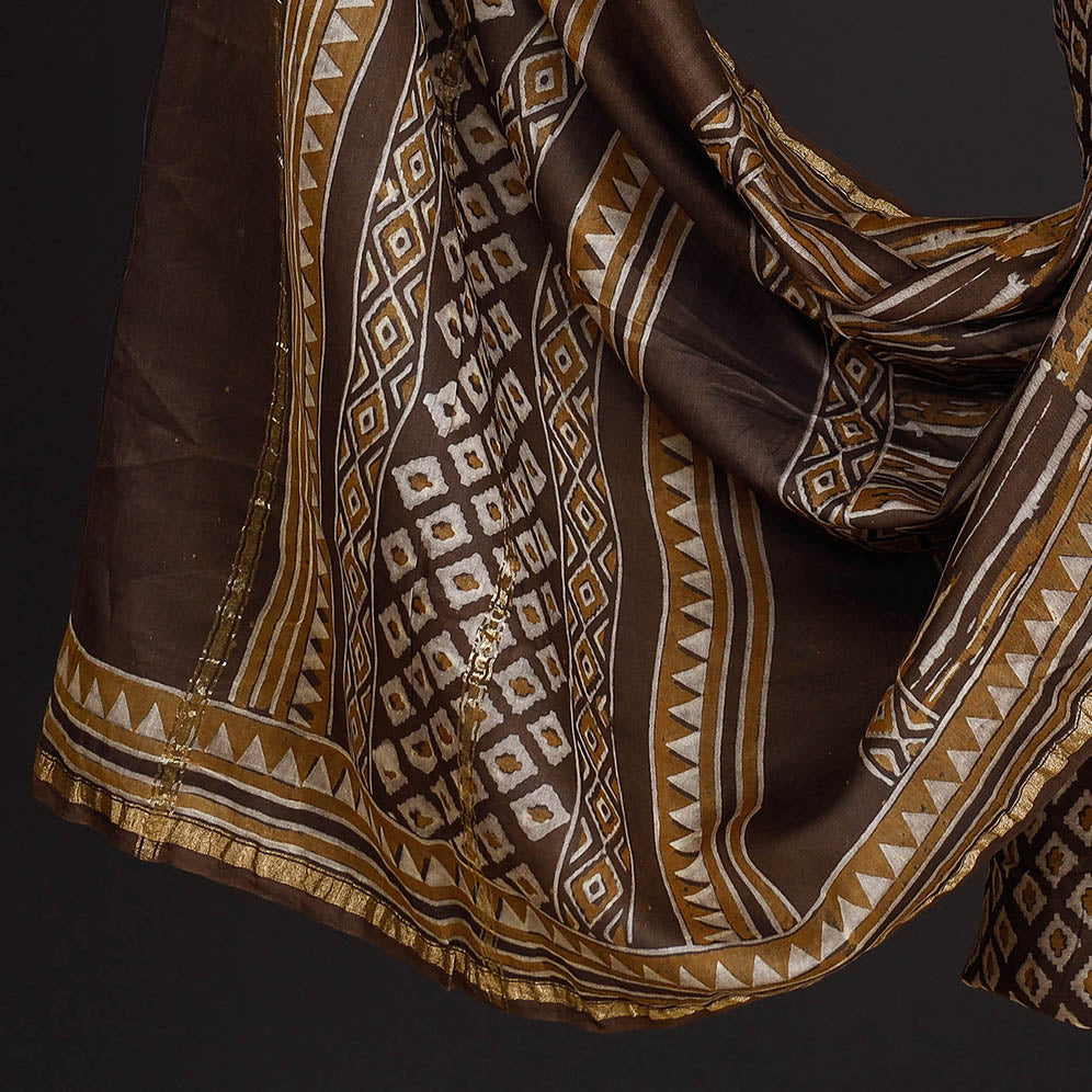 Brown - 3pc Akola Block Printed Chanderi Silk Suit Material Set