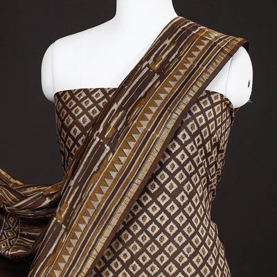 Brown - 3pc Akola Block Printed Chanderi Silk Suit Material Set