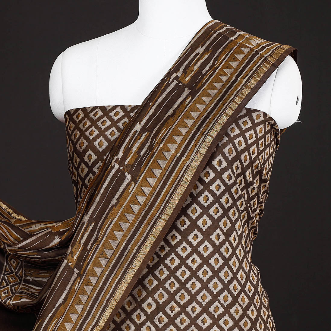 Brown - 3pc Akola Block Printed Chanderi Silk Suit Material Set