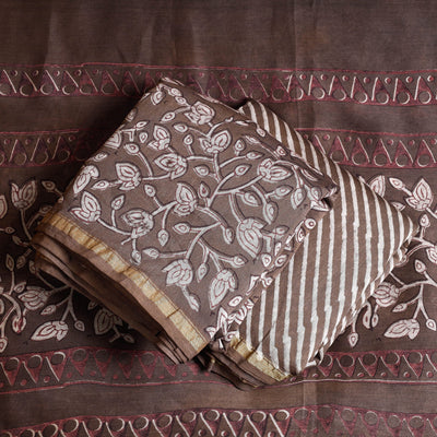 Brown - 3pc Akola Block Printed Chanderi Silk Suit Material Set