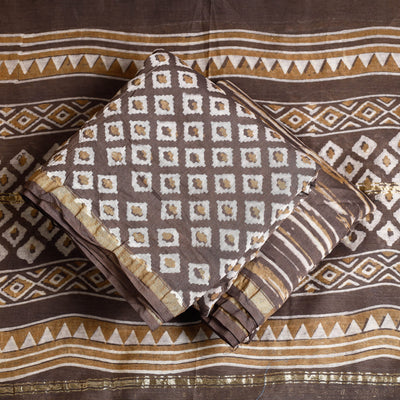 Brown - 3pc Akola Block Printed Chanderi Silk Suit Material Set