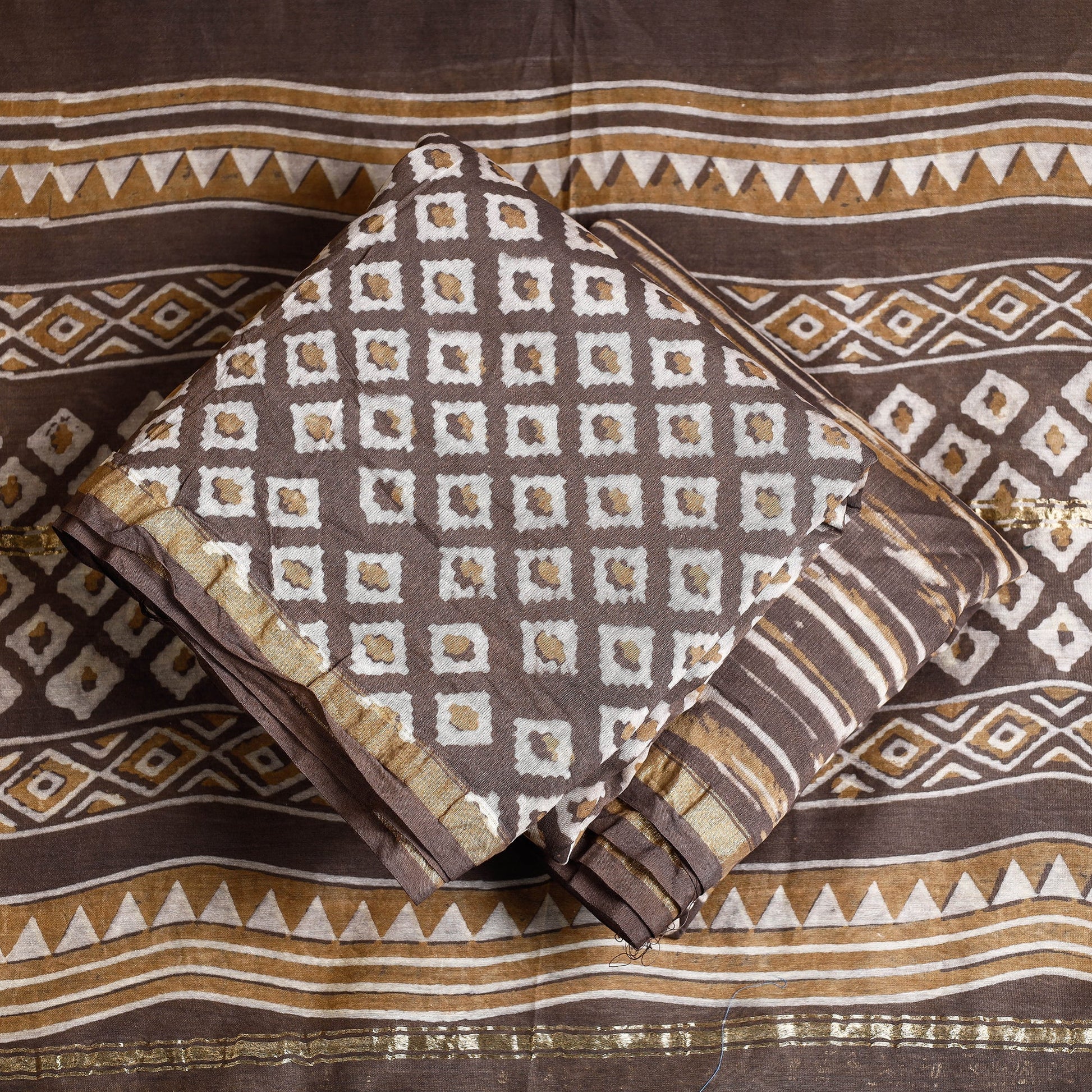 Brown - 3pc Akola Block Printed Chanderi Silk Suit Material Set