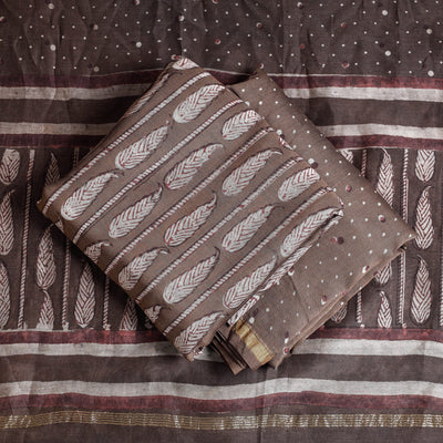 Brown - 3pc Akola Block Printed Chanderi Silk Suit Material Set
