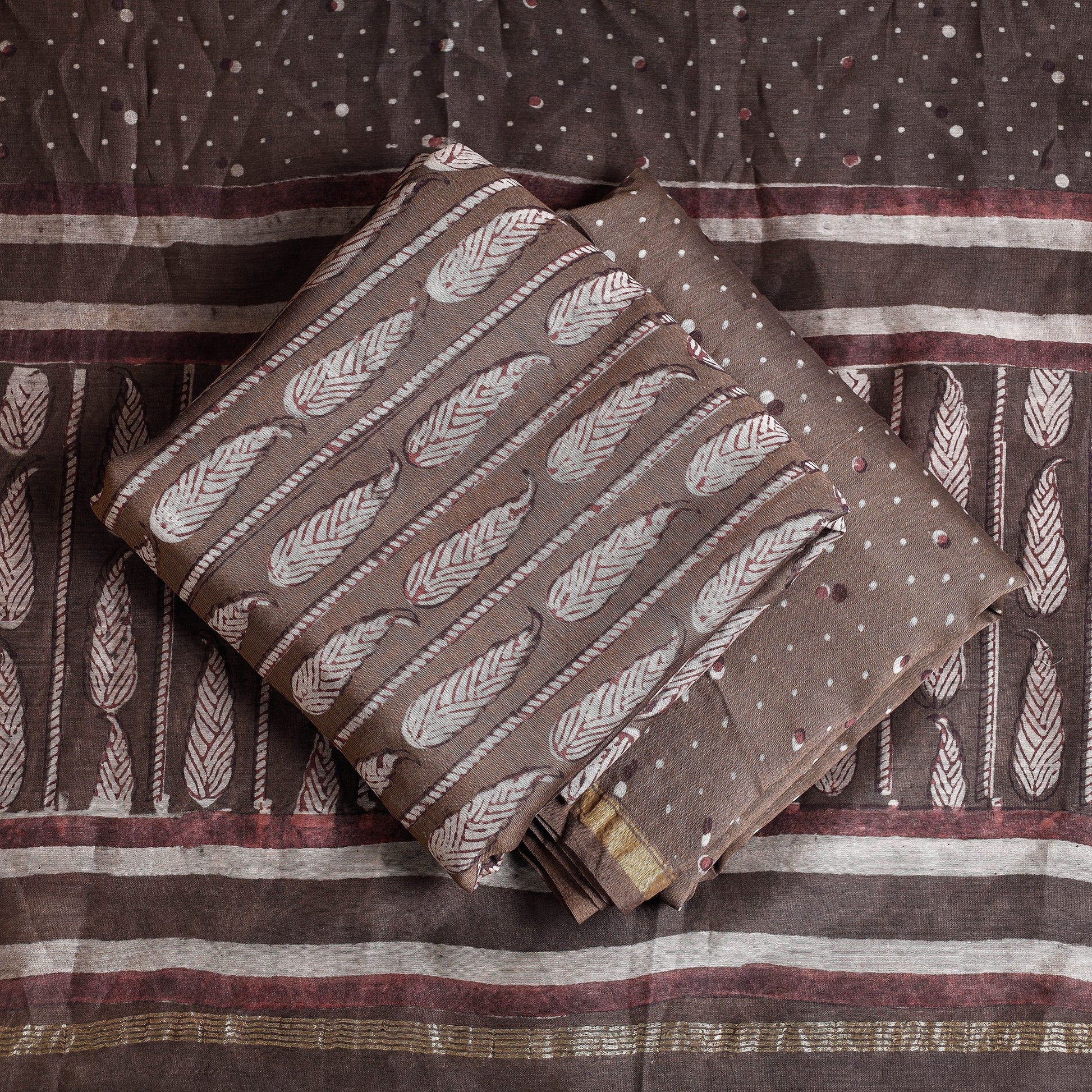 Brown - 3pc Akola Block Printed Chanderi Silk Suit Material Set