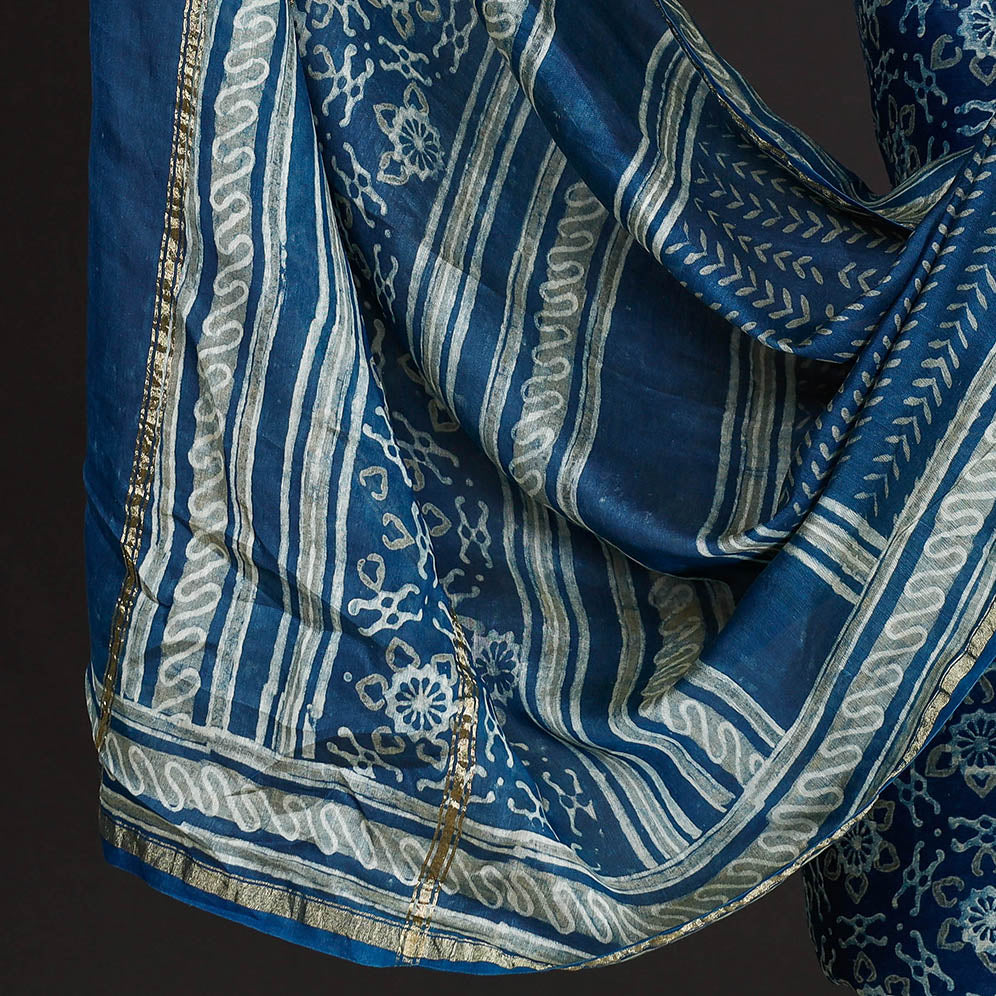 Blue - 3pc Akola Block Printed Chanderi Silk Suit Material Set