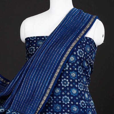 Blue - 3pc Akola Block Printed Chanderi Silk Suit Material Set