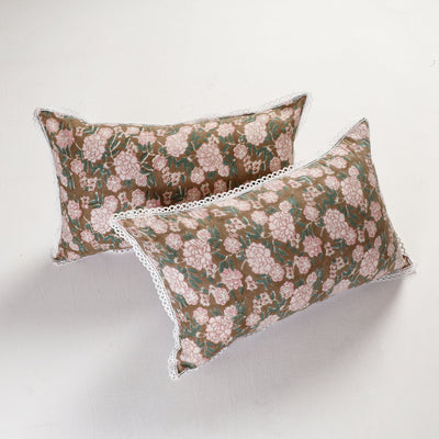 Brown - Sanganeri Block Printed Cotton Pillow Cover with Lace (26 x 16 in) - Set of 2