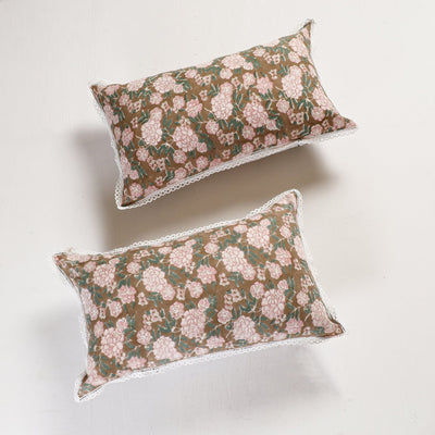 Brown - Sanganeri Block Printed Cotton Pillow Cover with Lace (26 x 16 in) - Set of 2
