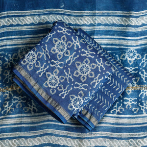 Blue - 3pc Akola Block Printed Chanderi Silk Suit Material Set