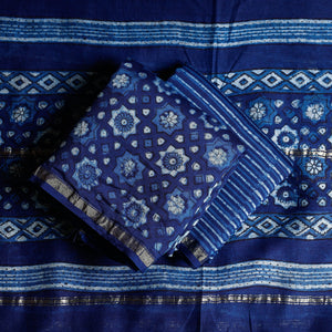 Blue - 3pc Akola Block Printed Chanderi Silk Suit Material Set