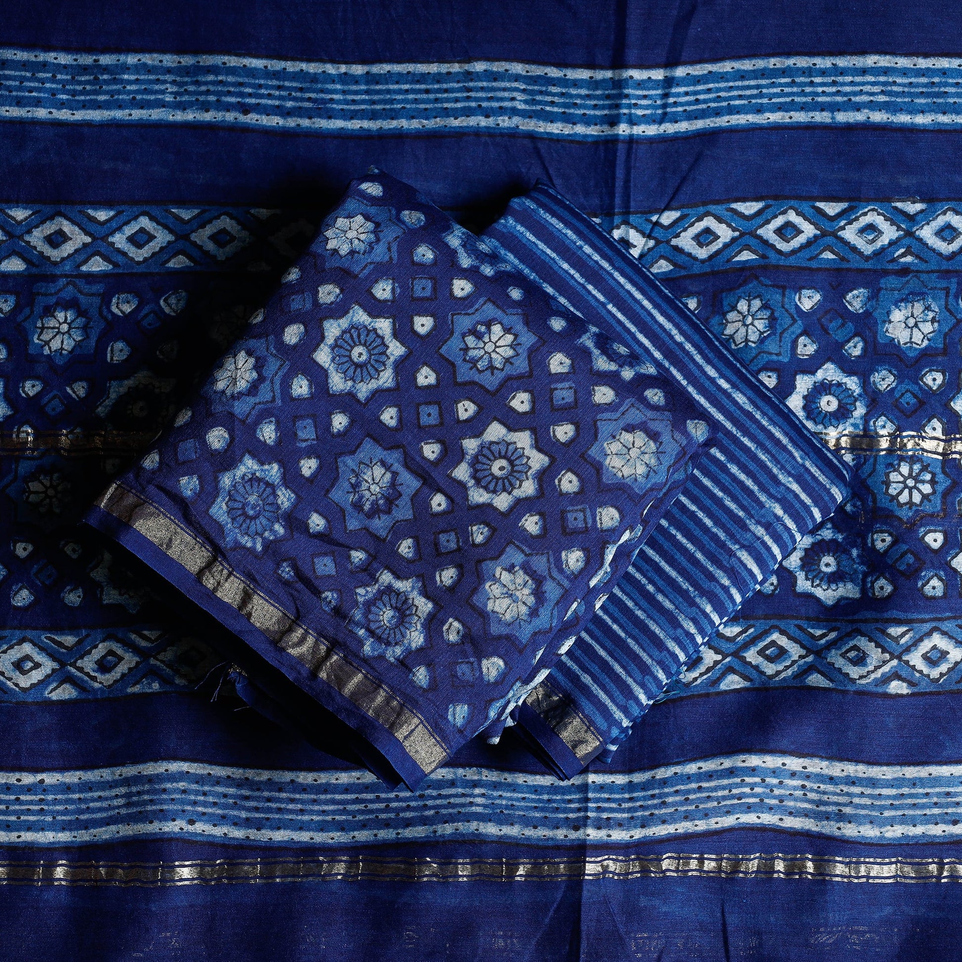 Blue - 3pc Akola Block Printed Chanderi Silk Suit Material Set