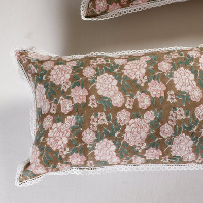 Brown - Sanganeri Block Printed Cotton Pillow Cover with Lace (26 x 16 in) - Set of 2
