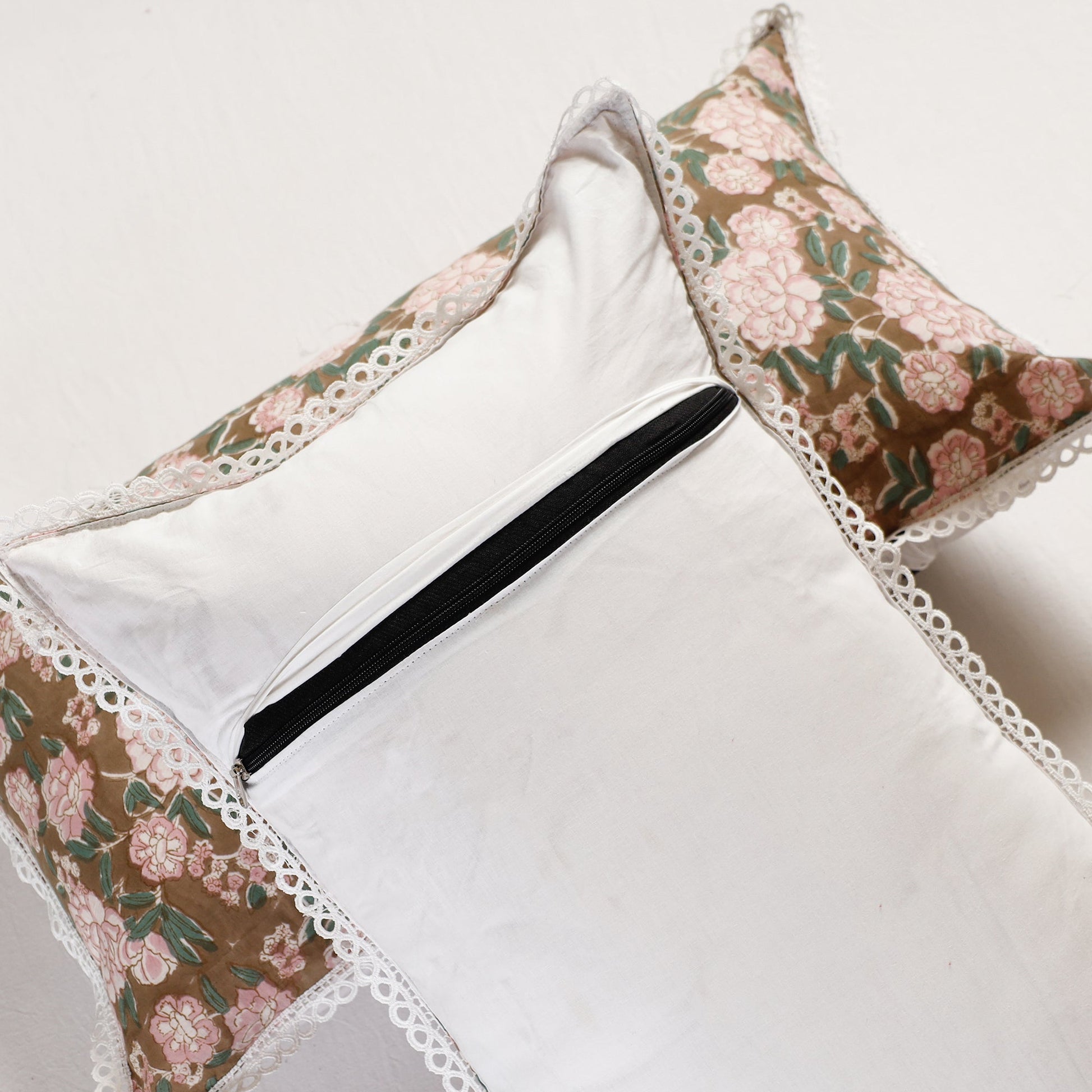 Brown - Sanganeri Block Printed Cotton Pillow Cover with Lace (26 x 16 in) - Set of 2