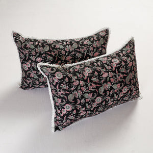 Black - Sanganeri Block Printed Cotton Pillow Cover with Lace (26 x 16 in) - Set of 2