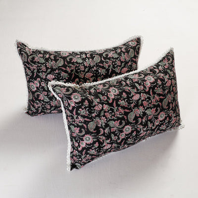 Black - Sanganeri Block Printed Cotton Pillow Cover with Lace (26 x 16 in) - Set of 2