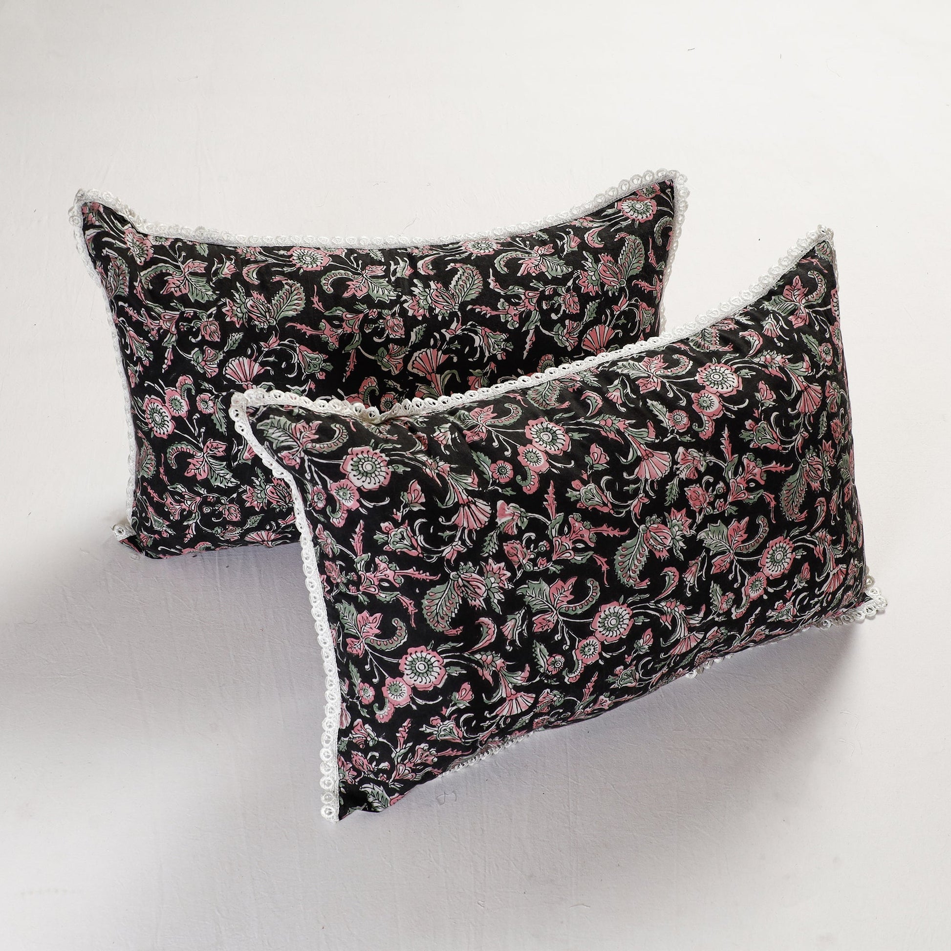 Black - Sanganeri Block Printed Cotton Pillow Cover with Lace (26 x 16 in) - Set of 2