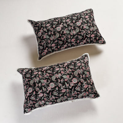 Black - Sanganeri Block Printed Cotton Pillow Cover with Lace (26 x 16 in) - Set of 2