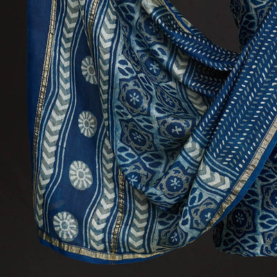 Blue - 3pc Akola Block Printed Chanderi Silk Suit Material Set