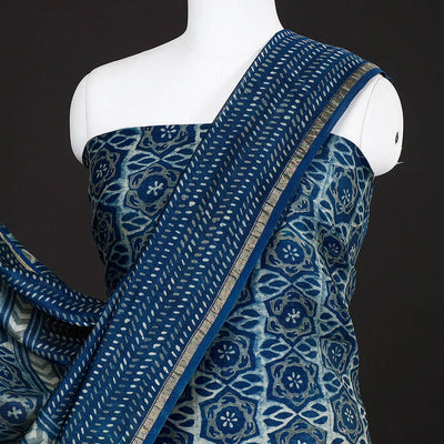 Blue - 3pc Akola Block Printed Chanderi Silk Suit Material Set
